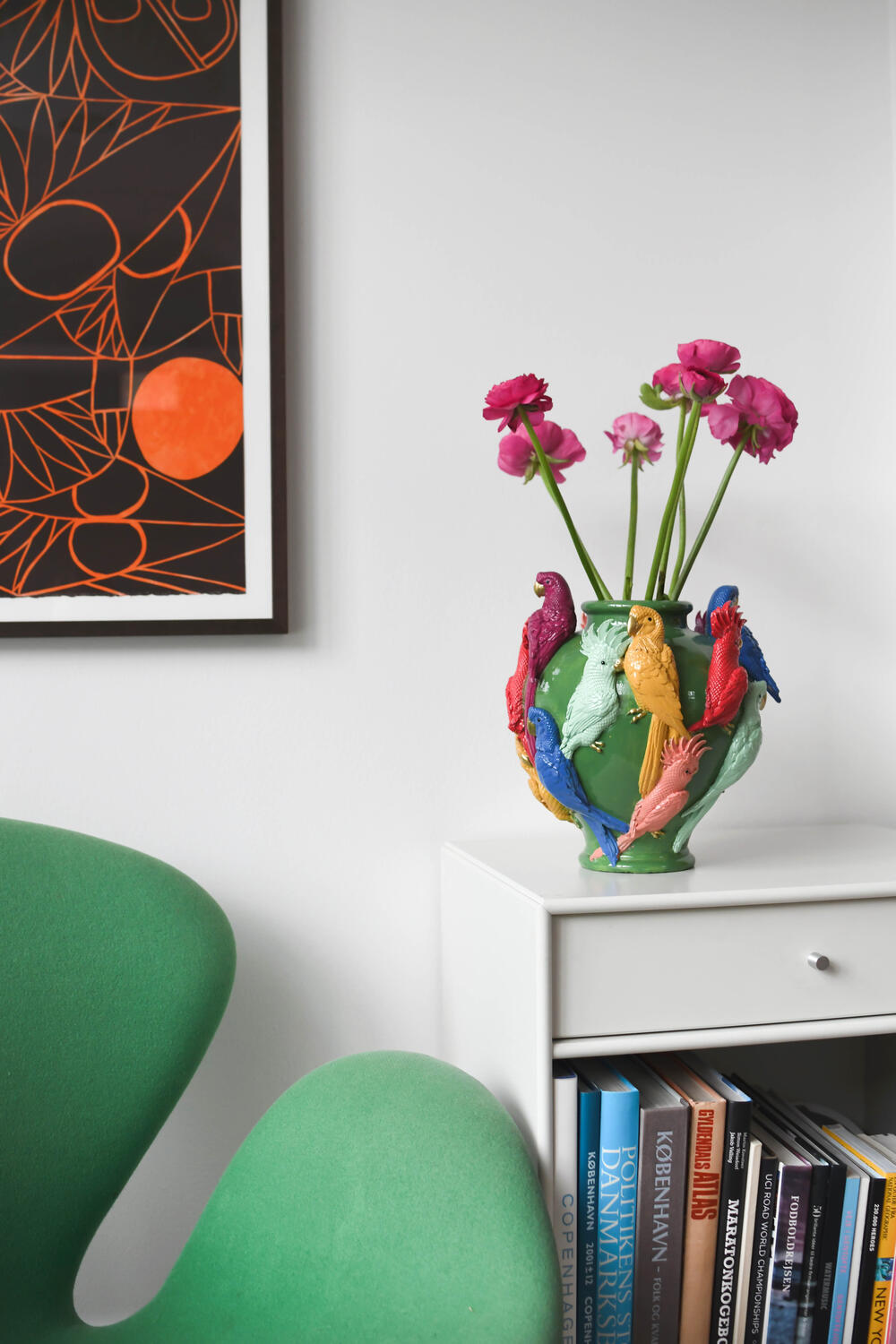 Vase med papegøjer, grøn - H26 cm